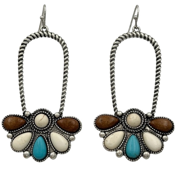 Turquoise Brown Ivory Stone Dangle Earrings NWT - Picture 1 of 5